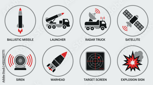 Strategic Defense Icon Set – Military Illustrations Featuring Ballistic Missile, Launcher, Radar Truck, Satellite, Siren, Warhead, Target Screen, and Explosion Sign
