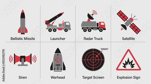 Strategic Defense Icon Set – Military Illustrations Featuring Ballistic Missile, Launcher, Radar Truck, Satellite, Siren, Warhead, Target Screen, and Explosion Sign