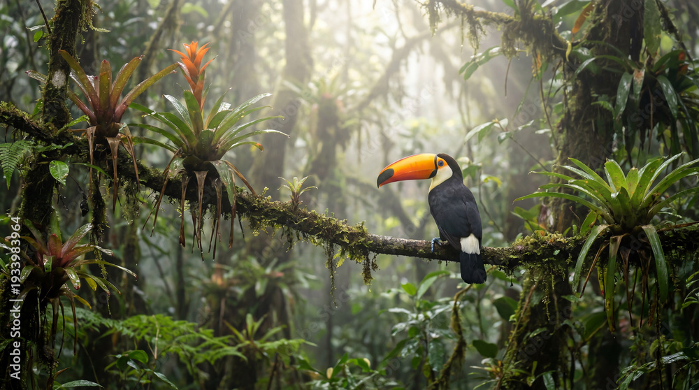 Obraz premium Misty Rainforest Scene with Toucan and Epiphytes on Mossy Branch