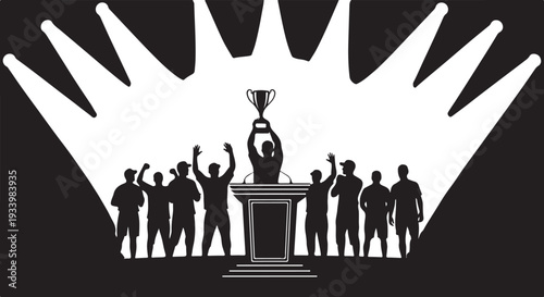 Team celebrating victory with trophy on pedestal in spotlight