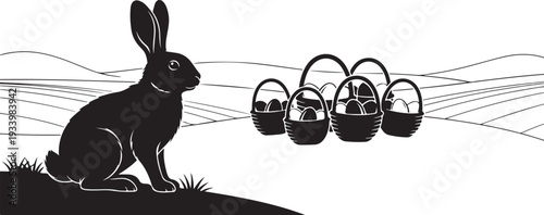 Black silhouette rabbit sitting with Easter baskets nearby landscape
