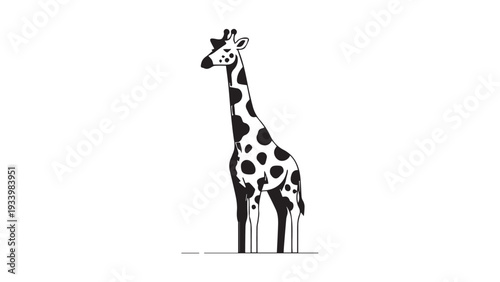 Whimsical monochrome giraffe illustration showcasing tall neck and spotted pattern in a simple silhouette style.