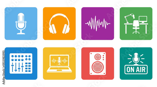 Audio Production Icon Set – Media Illustrations Featuring Microphone, Headphones, Sound Waves, Mixing Console, Laptop, Speaker, Studio Desk, and On-Air Sign