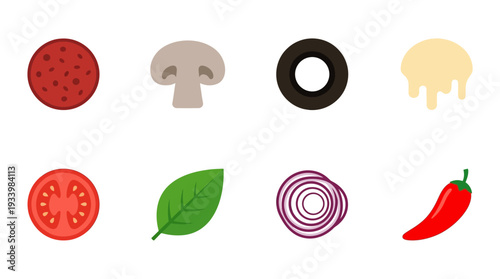 Pizza Toppings Icon Set – Food Illustrations Featuring Pepperoni, Mushroom, Olive, Cheese, Tomato, Basil, Onion, and Chili for Culinary Graphics and Menu Design