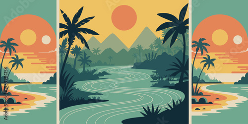 Serene tropical river flowing through lush jungle at sunset, vibrant paradise landscape