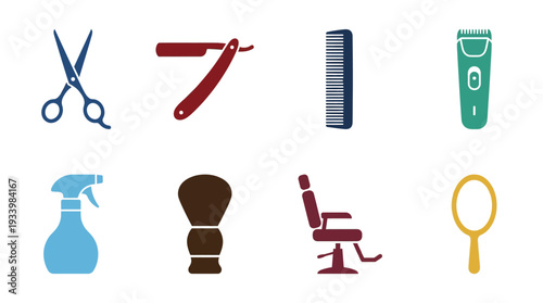 Barbershop Equipment Icon Set – Grooming Illustrations Featuring Scissors, Razor, Comb, Clipper, Spray Bottle, Shaving Brush, Chair, and Mirror for Salon Graphics