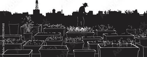 City Rooftop Garden with Lush Greenery and Urban Skyline