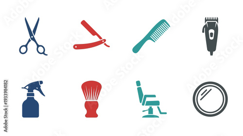 Barbershop Equipment Icon Set – Grooming Illustrations Featuring Scissors, Razor, Comb, Clipper, Spray Bottle, Shaving Brush, Chair, and Mirror for Salon Graphics