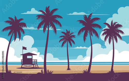 Purple Palm Beach Vector, Minimalist tropical beach vector illustration, stylized purple palm trees and lifeguard tower on turquoise background