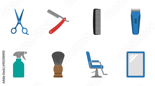 Barbershop Equipment Icon Set – Grooming Illustrations Featuring Scissors, Razor, Comb, Clipper, Spray Bottle, Shaving Brush, Chair, and Mirror for Salon Graphics