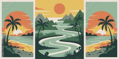 Tropical River Landscape with Palm Trees and Sunset View