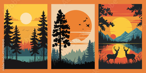 Vintage forest triptych poster, retro mountain sunset art with black silhouette trees and wildlife print
