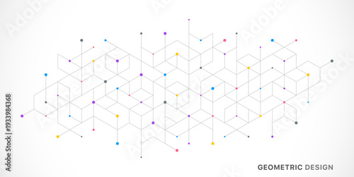 Abstract geometric 3D cube structure with connected lines and dots on white background. Concept of digital technology, blockchain, data visualization, architecture, innovation and modern design