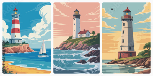 Lighthouse triptych poster set, retro travel illustrations with three coastal scenes and sunsets