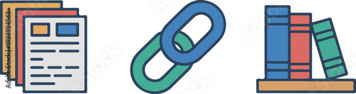 Icon set of card files, link symbol, and stacked books, illustrating organization and information management across digital and physical mediums