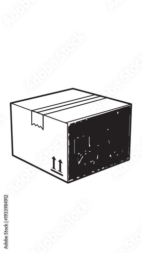 Black and white illustrated cardboard box with taped seams and shipping marks.