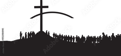 Silhouette of people gathered around a large cross hill