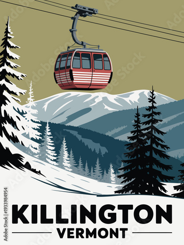 Killington Vermont poster, vintage winter landscape with retro cable car and snow mountains