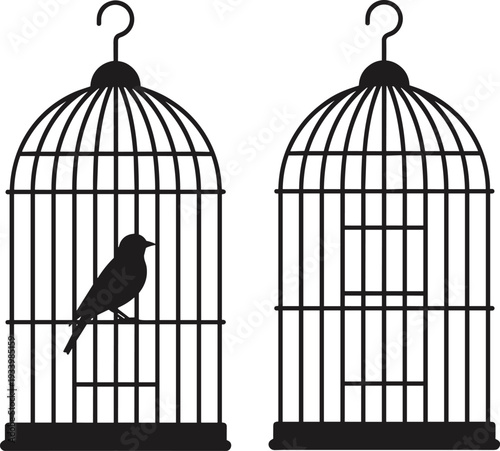Black and white vector silhouette of a bird in a cage and an empty birdcage isolated on white background for freedom or captivity concepts