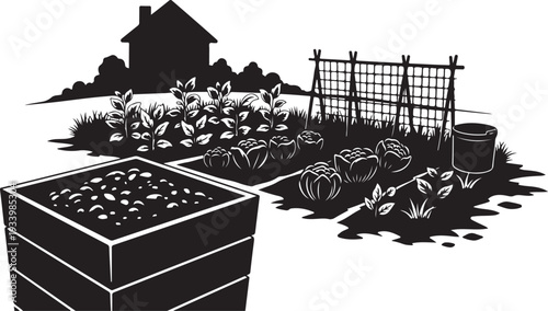 Black and White Illustration of a Vegetable Garden Scene