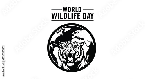 Vector graphic illustration for World Wildlife Day featuring a powerful roaring tiger head against a global map.