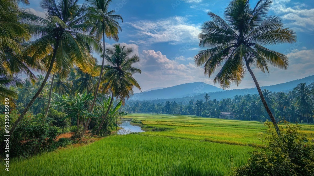 Obraz premium Lush Green Rice Fields Surrounded by Tropical Palm Trees and Hills