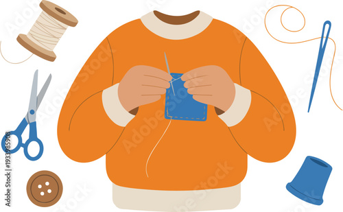 Illustration of a person repairing a torn orange sweater using a blue fabric patch and needle, with sewing tools on the table