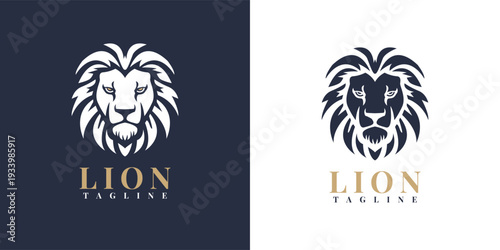 Lion logo, golden text on dark and white background