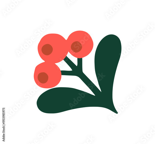 Doodle icon of holly berry. Christmas red mistletoe with leaves. Traditional sign of Xmas. Festive branch for winter holiday decoration. Flat isolated vector illustration on white background