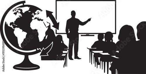 Teacher standing in front of classroom with globe and board