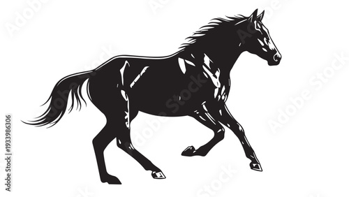 Silhouetted Black Horse in Dynamic Running Motion Across White Background.