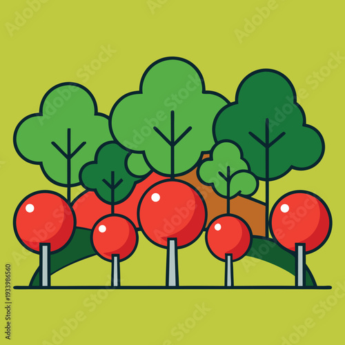 Apple orchard illustration white solid colour outline.