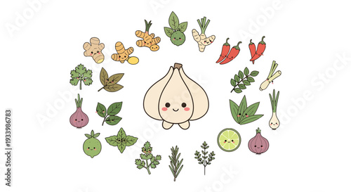 Kawaii Spice and Herb Characters Collection, Cute Cartoon Garlic with Ingredients Vector Illustration Set