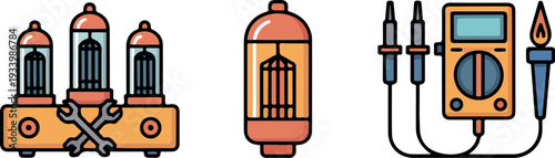 Tools for electronics work including a device, vacuum tube, and multimeter on a clean background in a workshop setup