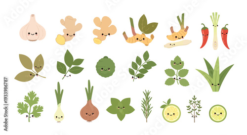 Cute Kawaii Herbs and Spices Vector Set: Garlic, Chili, Ginger, Lemongrass, and Green Leaves Collection. Flat Cartoon Cooking Ingredients Isolated on White Background.