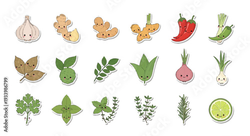 Kawaii Cooking Spices and Herbs Sticker Set, Cute Cartoon Ingredients Vector Collection with Smiley Faces