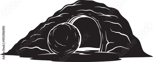 Black and white illustration of a cave entrance scene