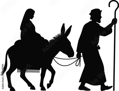 Mary and Joseph traveling with donkey silhouette isolated on white background representing biblical nativity journey religious Christmas story concept