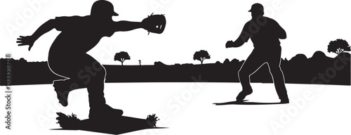 Baseball players in action on the field at sunset