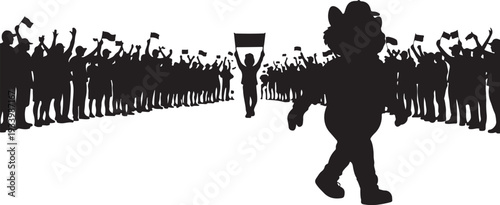 Silhouette of crowd cheering on a lone cartoon character
