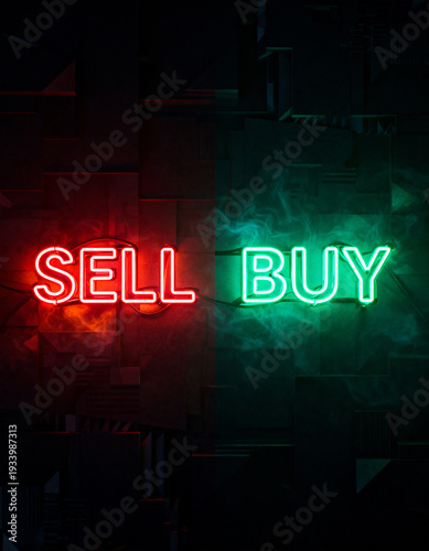 Clean minimal stock trading illustration with SELL and BUY signposts on contrasting red and green backdrop highlighting investment choices, bullish and bearish market trends.