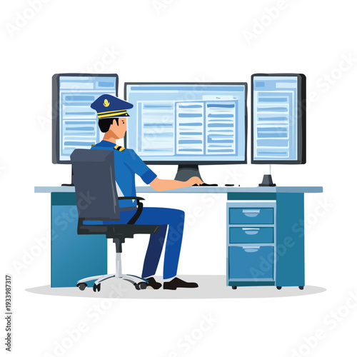 Police officer working at computer desk vector illustration