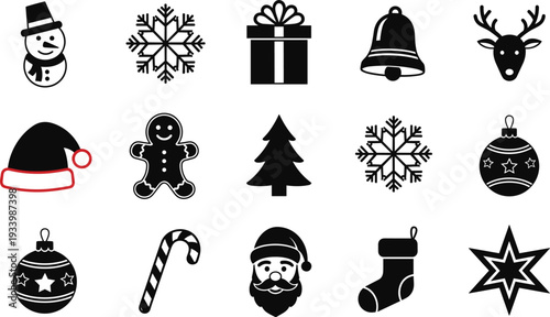Collection of Christmas icons in black and white with red accent on Santa hat holiday winter