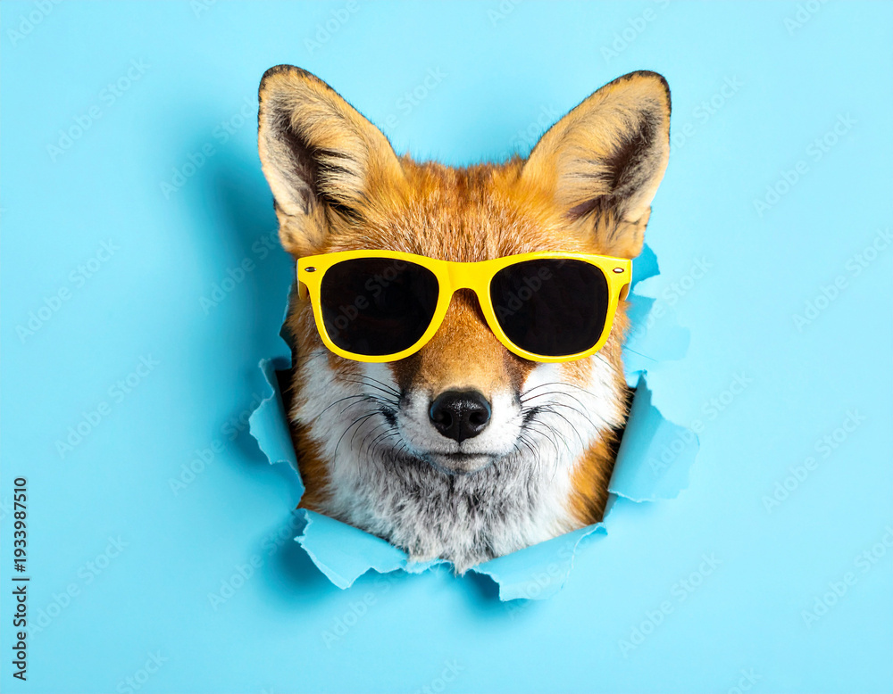 Obraz premium Ein Fuchs mit Sonnenbrille schaut durch ein Loch vor blauen Hintergrund