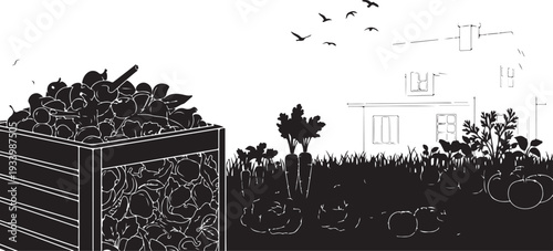 Black and white illustration of a garden with vegetables
