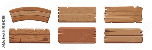Wooden ribbons vector illustrations with rustic sign boards and curved banners