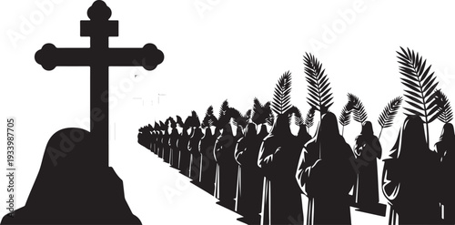 Silhouette of a crowd with palm branches and cross