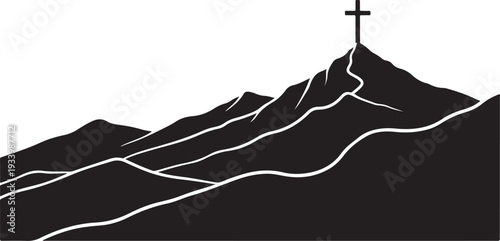 Mountain peak with cross at sunrise or sunset illustration