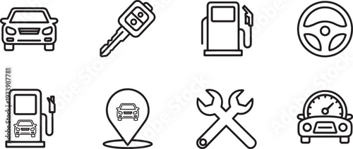 A set of vector line art icons depicting various car and automotive related objects in silhouette mode