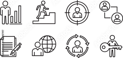 A set of vector line art icons depicting business and teamwork concepts in silhouette mode